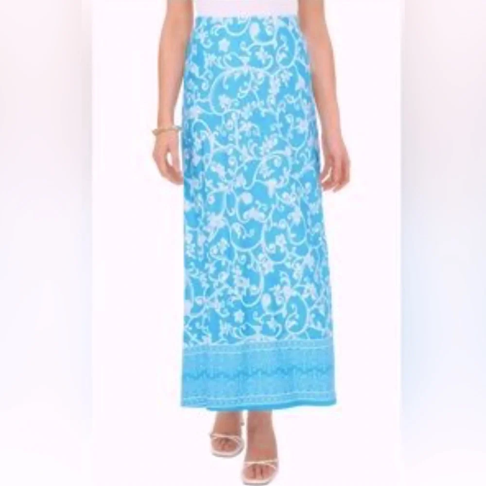 Vince Camuto Blue & White Floral Print Elastic Waist Unlined Pull-on Maxi Skirt